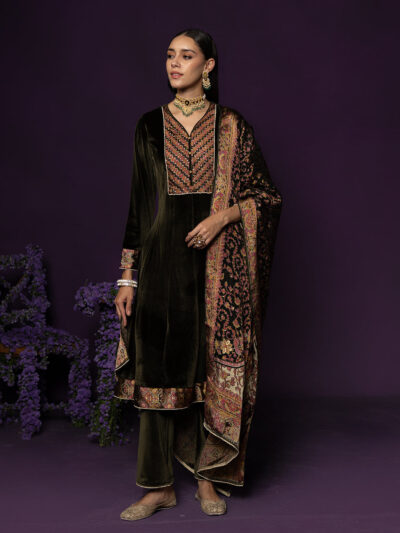 Vedhi Olive Green Embroidered Velvet Suit Set with Brasso Dupatta