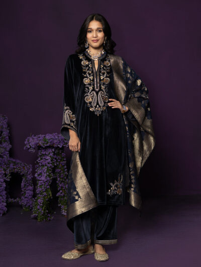 Gulal Blue Embroidered Velvet Suit Set with Banarasi Dupatta
