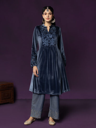 Marya Blue Self-Embroidered Velvet A-line Kurta