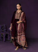 Vedhi Maroon Embroidered Velvet A-line Suit Set with Brasso Dupatta