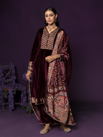 Vedhi Maroon Embroidered Velvet A-line Suit Set with Brasso Dupatta