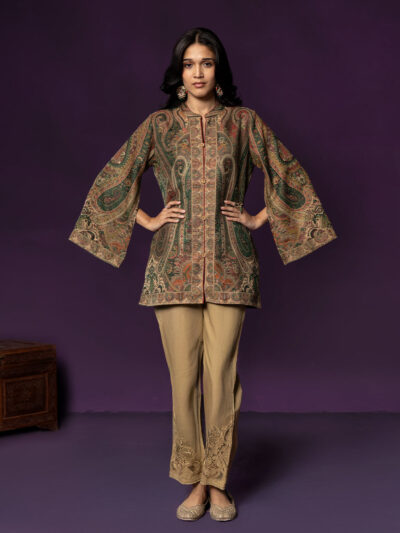 Meher Forest Green Jamawar Cape Jacket
