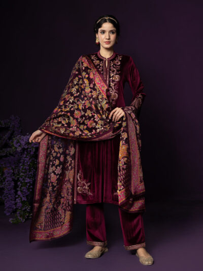 Gulal Maroon Embroidered Velvet Suit Set with Banarasi Dupatta
