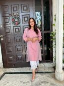 Lavender Printed Kurta with Threadwork and 3/4th Sleeves