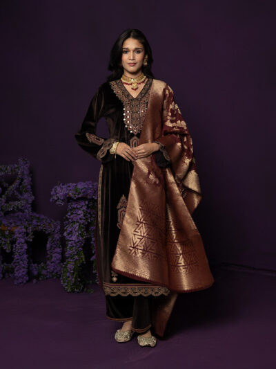 Koel Brown Embroidered Velvet Suit Set with Banarasi Dupatta