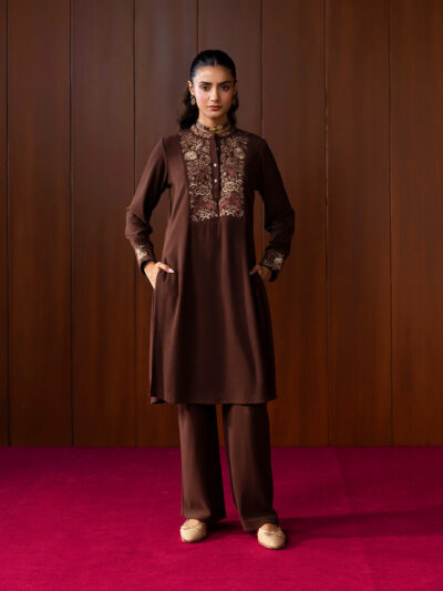 Mehreen Brown Embroidered Wool Co-ord Set