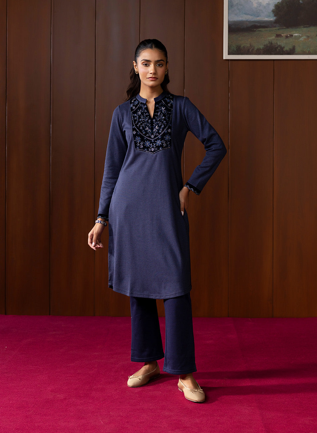 Saraya Navy Embroidered Straight Kurta