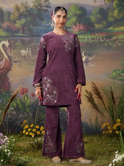 Tisya Purple Embroidered Velvet Co-ord Set