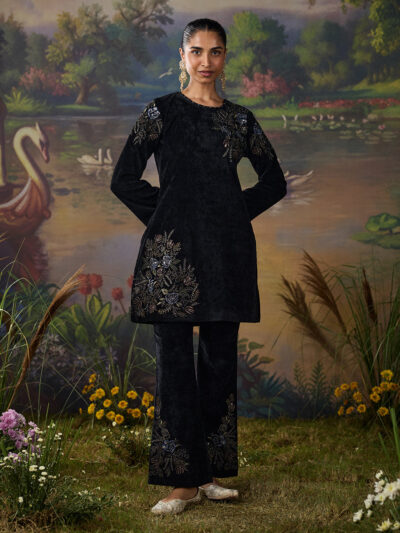 Tisya Black Embroidered Velvet Co-ord Set