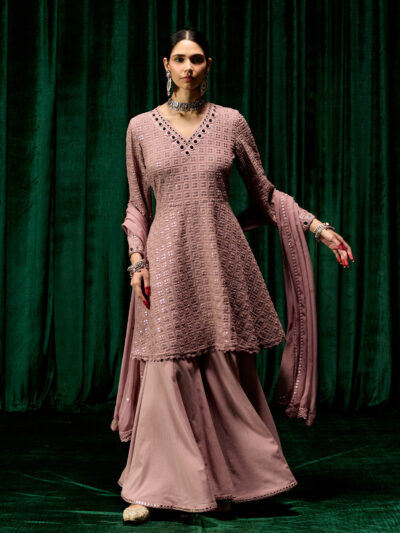Farsa Pink Mirrorwork A-line Suit Set with Dupatta