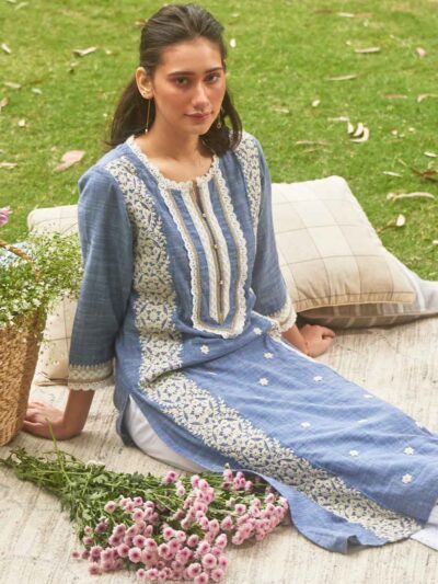 Chambray Blue Embroidered Nargis Kurta
