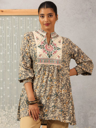 Grey Multi Color Printed Short Tunic with Yoke Embroidery