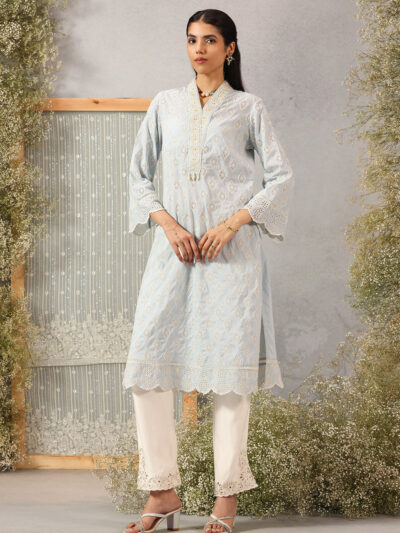 Sky Blue Phool Collection Cotton Kurta