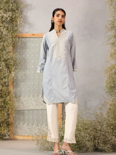 Spa Blue Mid-length Cotton Kurti for Women with Embroidery