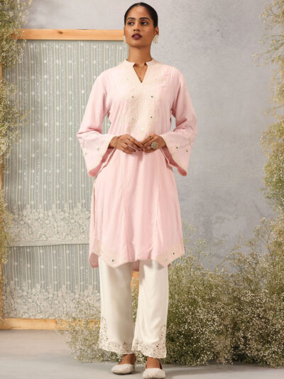 Pink Mid-length Cotton Kurti  for Women with Embroidery