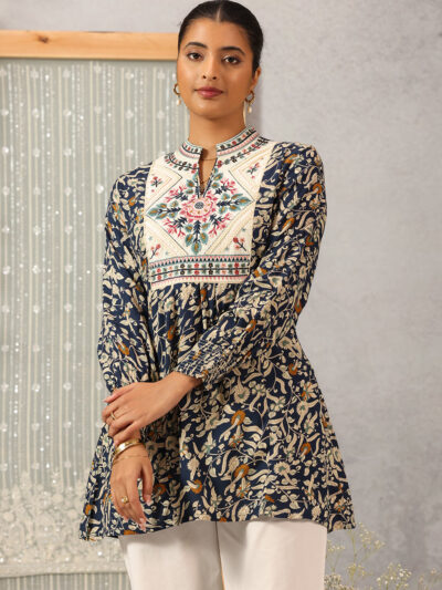 Navy Blue Multi Color Printed Short Tunic with Yoke Embroidery