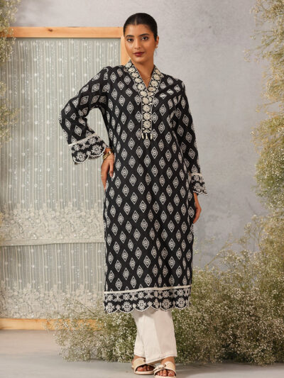 Black Phool Collection Cotton Kurta