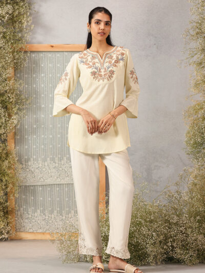 Yellow Cotton Kurti with Floral Embroidery