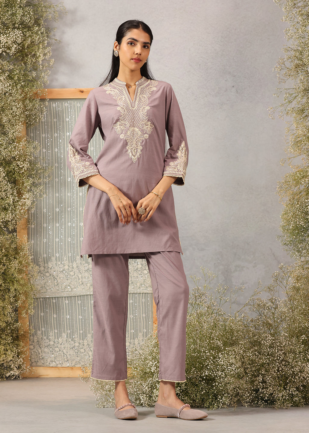 Lavender A-line Embroidered Georgette Kurta Set for Women - Image 4