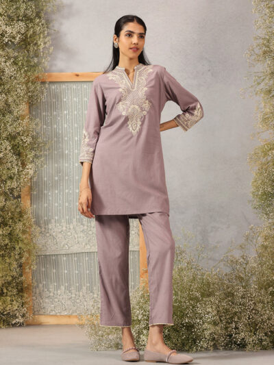 Lavender A-line Embroidered Georgette Kurta Set for Women