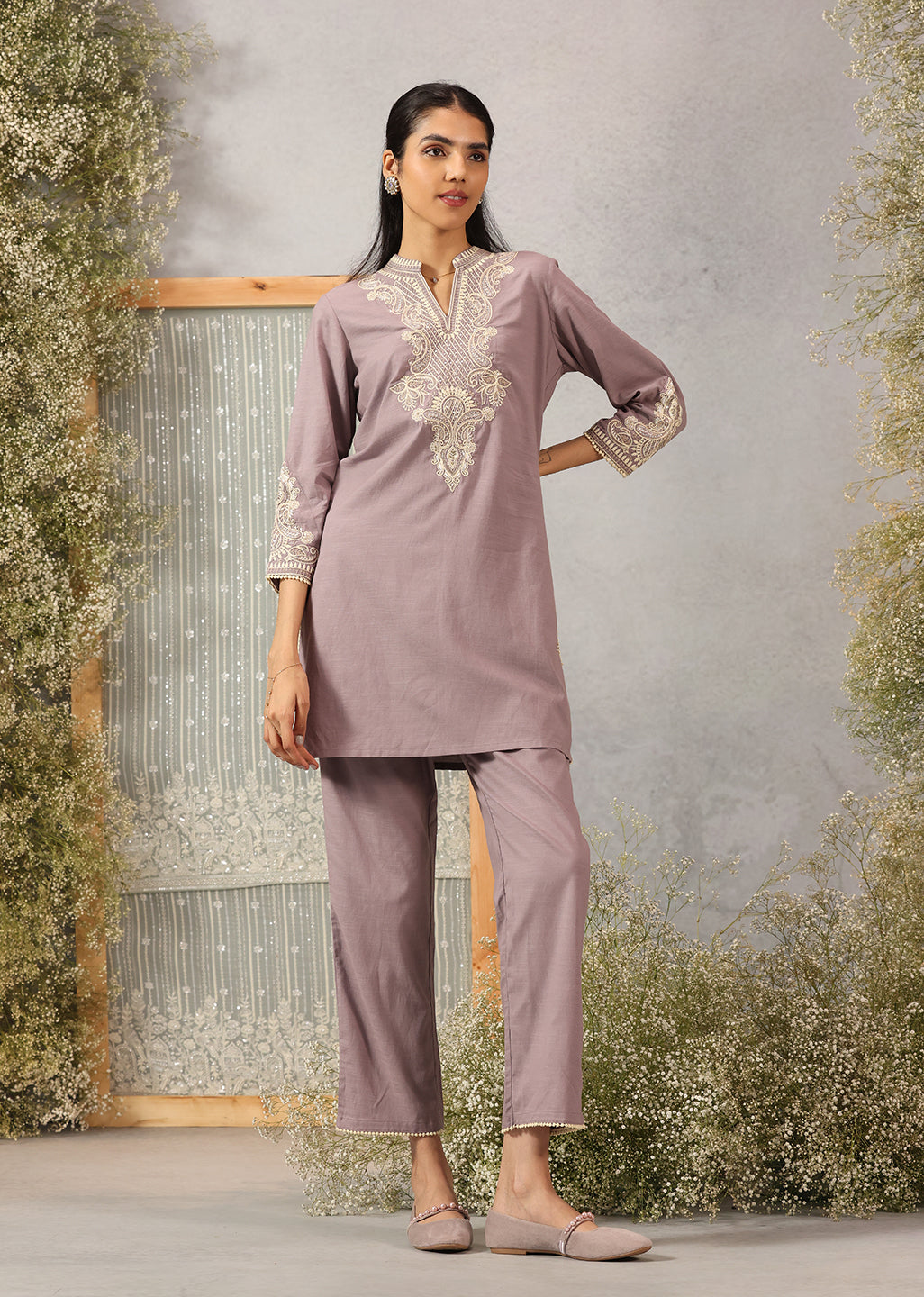 Lavender A-line Embroidered Georgette Kurta Set for Women
