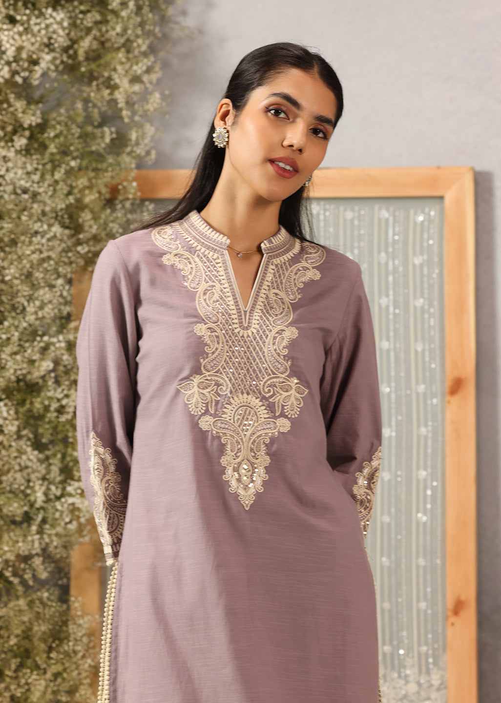 Lavender A-line Embroidered Georgette Kurta Set for Women - Image 3