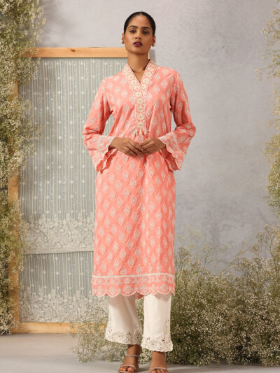 Peach Phool Collection Cotton Kurta