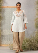 Spa Blue Cotton Kurti with Floral Embroidery