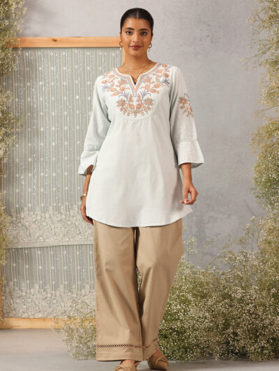 Spa Blue Cotton Kurti with Floral Embroidery