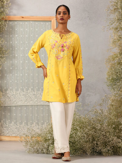 Yellow Phool Collection Kurti With Multi-Colour Embroidery