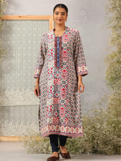 Blue Printed Kurta with Delicate Embroidery