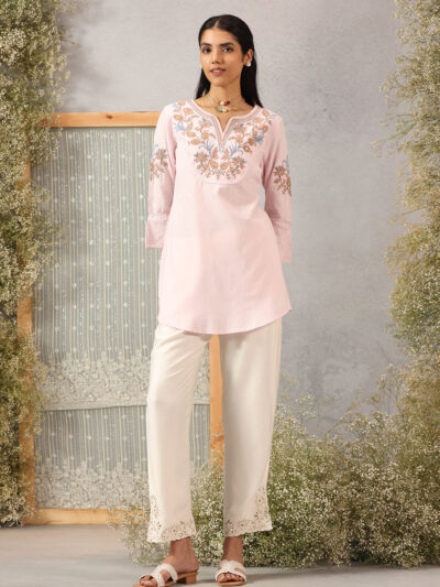 Pink Cotton Kurti with Floral Embroidery