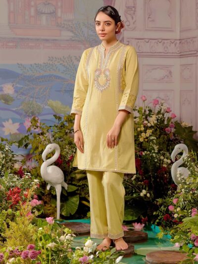 Light Green Schiffili Embroidered Cotton Co-ord Set