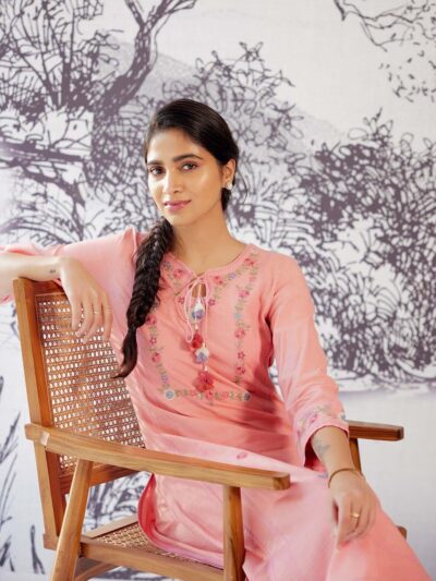 Pink Embroidered Straight-fit Cotton Co-ord Set