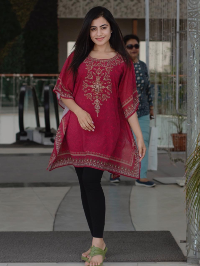 Red Phool Collection Kaftan With Swarovski Work